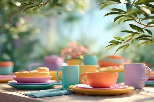 Colorful brunch table setting with vibrant dishes and cups in a serene garden atmosphere