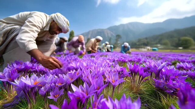 Saffron fields in Kashmir, pickers bending among purple blossoms, India, Kashmir, saffron, harvest, agriculture, landscape, culture, spice, with copy space