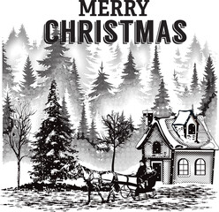 New Merry Christmas  black and white  scenery design isolated, poster or wallpaper