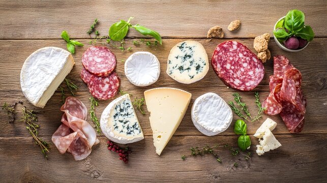 gorgonzola. Artfully arranged selection of fine cheeses and cured meats on a rustic wooden board, top-down view. menu design.