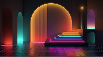 Abstract Interior with Glowing Neon Steps and Arched Openings in Dark Room with Reflected Light
