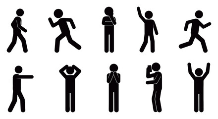 Dynamic silhouette collection of diverse human action poses featuring running, jumping, stretching and casual standing gestures, perfect for motion concepts, activity icons and modern minimal vector 