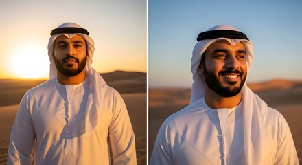 Two men wearing traditional Middle Eastern attire standing outdoors during sunset, with a warm glow illuminating their faces and a scenic desert landscape in the background
