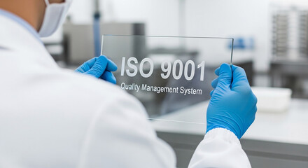 Transparent glass sign with ISO 9001 Quality Management System text held by a quality engineer in full PPE inside a modern food processing area