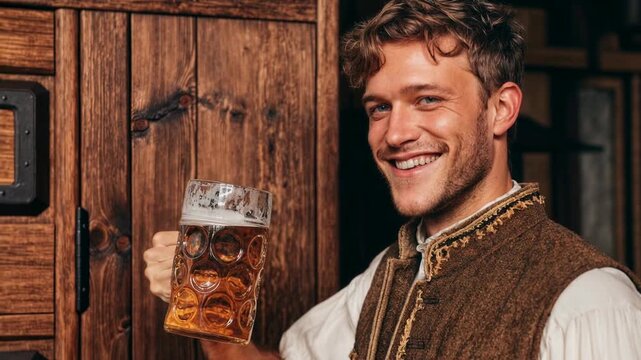 Man in traditional vest poses proudly with beer stein by wooden doorframe, rustic charm and heritage mood fit for local brewery, travel culture and regional branding.