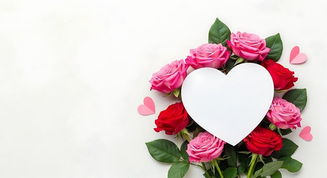 Valentines day bouquet of red and pink roses with heart shape card