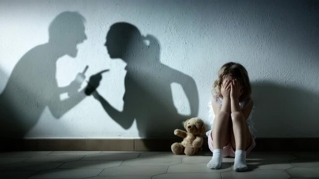 Child's pain witnessing parental conflict shadows depicting argument and domestic strife 4k video