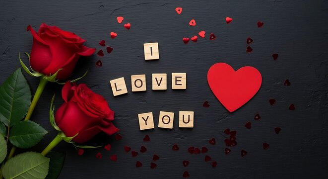 I love you message with red roses and heart confetti on a dark background, perfect for valentines day