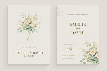 Aesthetic Wedding Invitation with Watercolor Greenery Leaves and branch