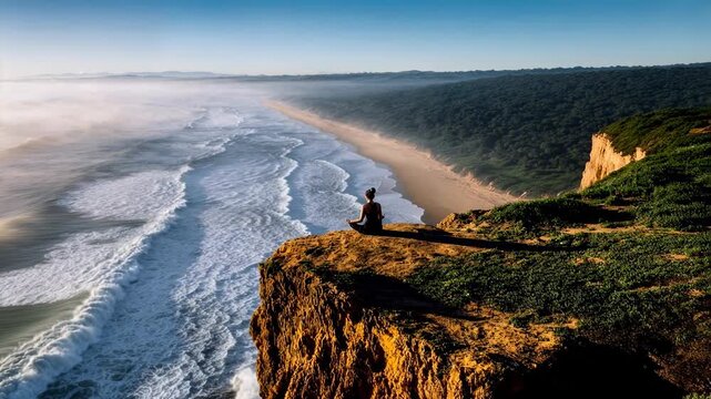 Hiker stands at the cliff edge overlooking vast coastline, sunrise haze radiating freedom and wonder - aspirational travel moment for adventure, wellness and outdoor storytelling.