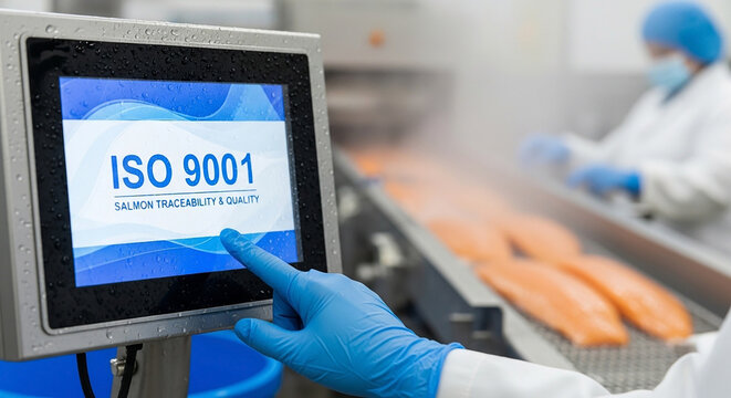 Blue gloved hand interacting with HMI touchscreen displaying ISO 9001 Salmon Traceability and Quality data on a cold seafood processing line for precise control