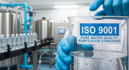 Technician in blue glove holding ISO 9001 Purified Water Quality beaker, underscoring high standards in modern beverage production and aseptic control
