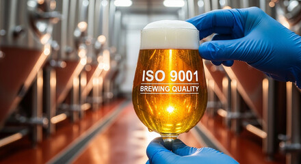 Brewmaster in blue gloves holding sample glass displaying ISO 9001 Brewing Quality holographic text in modern industrial fermentation facility