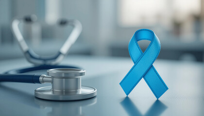 Blue awareness ribbon and stethoscope on a doctor's desk symbolizing diabetes awareness