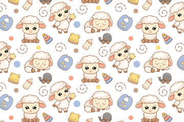 Cute lambs and baby items pattern vector illustration features playful lambs and baby accessories like bottles and toys, perfect for nursery decor or children s product designs.