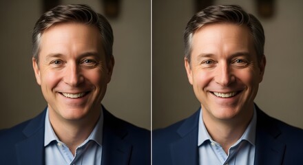 Close-up portrait of a smiling middle-aged man with short gray hair wearing a blue suit and light blue shirt against a neutral background
