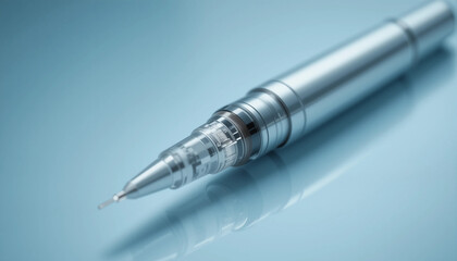 Insulin pen syringe in metallic design for diabetes management on a blue background
