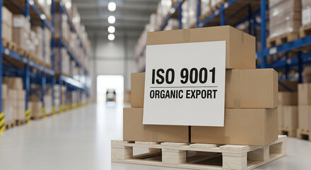 Logistics pallet stacked with organic product boxes featuring large ISO 9001 Organic Export quality label in a modern distribution warehouse facility