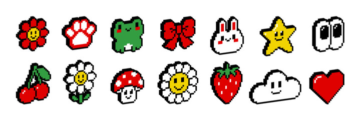 Pixel 3d isometric icon and sticker set. 8 bit retro game style. Y2k trendy vector illustration of heart flower cloud character star etc in red yellow green colors. Social media and chat elements.