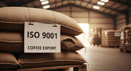 Stack of raw coffee sacks with ISO 9001 Coffee Export quality tag attached, emphasizing supply chain compliance in a warm storage facility