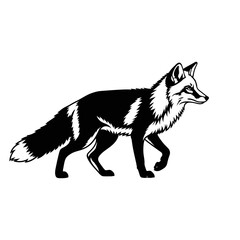 Black and white fox vector illustration walking side view animal wildlife silhouette design graphic art