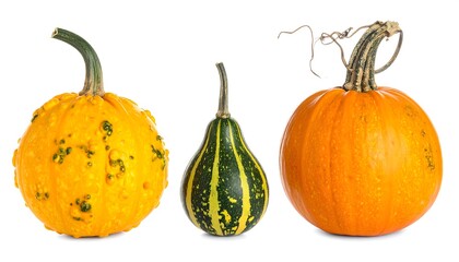 Three colorful gourds on a white background, autumn harvest.