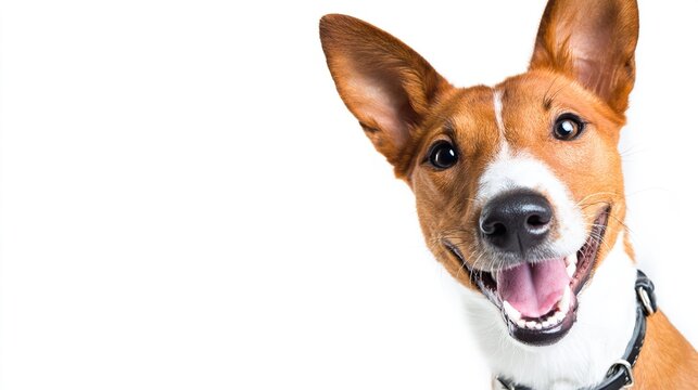 basenji. Adorable basenji dog with brown and white fur, joyfully posing against a white backdrop. wildlife magazines, conservation campaigns, designed for eco-tourism storytelling.