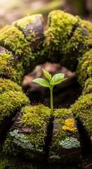 A young green plant sprouting amidst moss-covered logs in a lush forest setting, symbolizing new growth and nature's resilience