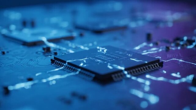 Macro shot of a computer circuit board with chips and electronic pathways, bathed in blue light
