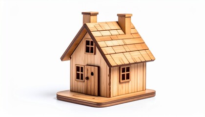 Wooden house model with gabled roof and chimneys on flat base, minimal and architectural.