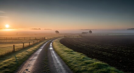 A scenic rural dirt road winding through fields during sunrise with a misty horizon and a clear sky overhead