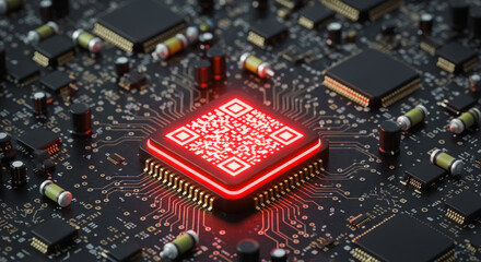 A digital QR code glows with energy on a high-tech circuit board. Representing innovation and connectivity.
