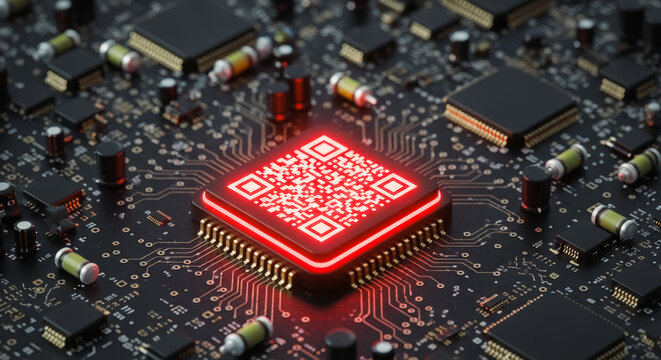 A digital QR code glows with energy on a high-tech circuit board. Representing innovation and connectivity.