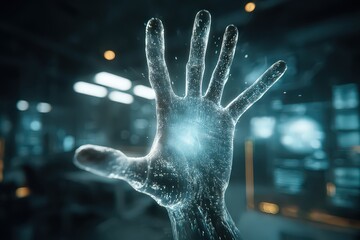 Abstract Illuminated Hand with Particles Against Dark Background In Faux Lens Effect