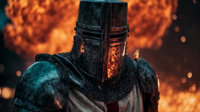 Battle-scarred knight strides past a burst of flame, soot and sparks streaking the frame - cinematic action that channels bravery, endurance and legend for historical drama or fantasy game promos.
