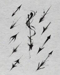 Abstract Ink Arrows on Grayscale Textured Background Directional Symbols with Random Arrangement