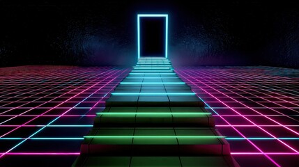 Abstract Staircase to Neon Portal With Vibrant Grid Background and Sparkling Particle Effects in Futuristic Cyberpunk Style