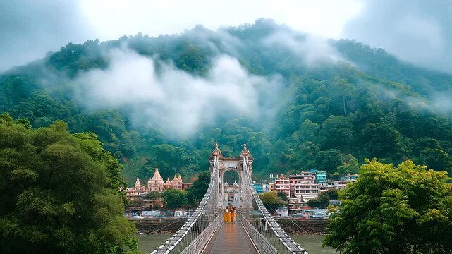 Rishikesh suspension bridge with sadhus crossing, misty hills beyond, India, Rishikesh, Ganga, bridge, spirituality, yoga town, Himalaya, travel, with copy space