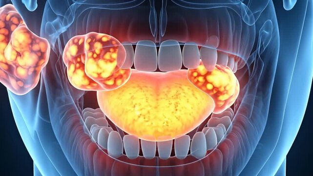 Medical illustration of human head showing diseased salivary glands with cancerous tumors highlighted in red and yellow tones against a dark blue background with glowing anatomical outlines