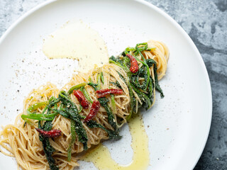 Spicy oil pasta on a plate