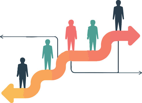 People silhouettes on a winding arrow path representing career progression and professional development vector