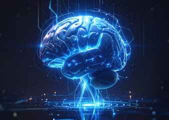 Futuristic 3d rendering digital brain with blue glowing energy