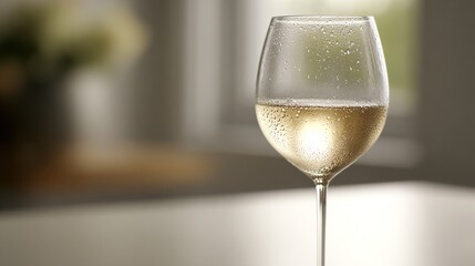 torrontes. A single glass of pale golden Torrontes wine with condensation on a plain surface. bar promotions, beverage menus, designed for food & beverage menus and cafe branding.