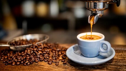 Espresso streams from a chrome machine into a ceramic cup beside roasted beans; premium craft coffee ritual full of aroma, heat and authenticity for café ads, barista education and specialty roasting - Powered by Adobe