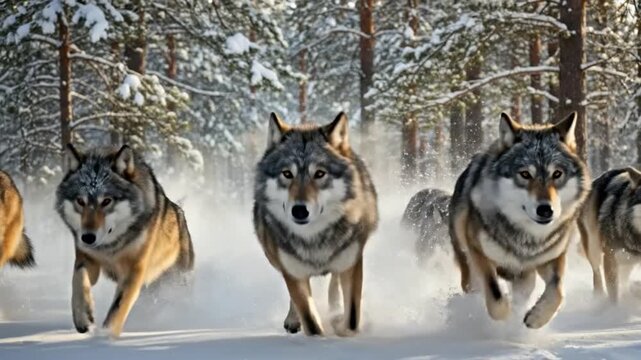 Wolves Pack Sprinting Through Snowy Forest Landscape in Winter Majesty