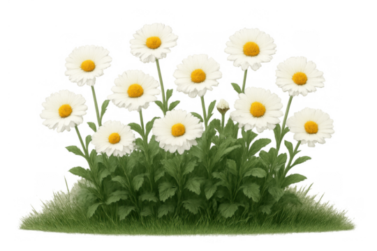 Daisies blooming in a garden with green grass, spring flowers emerging, transparent background