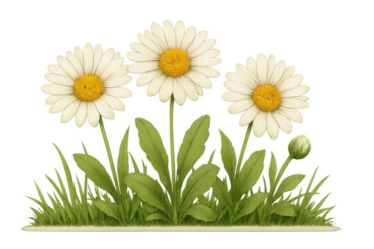 Daisy flowers blooming in a grassy field with a budding flower, watercolor illustration, transparent background