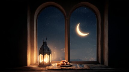 Ramadan kareem window scene with glowing lantern, fresh dates, crescent moon and serene night sky creating peaceful spiritual atmosphere