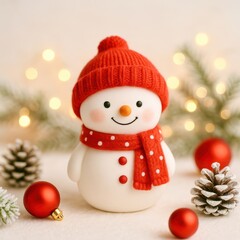 A snowman with a red hat and scarf is smiling