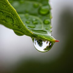 Close-up of a vibrant green leaf with a water droplet hanging from the tip, reflecting the surrounding environment in a natural setting